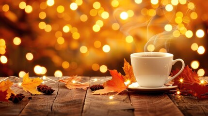 Wall Mural - A steaming cup of coffee on an autumn-themed background