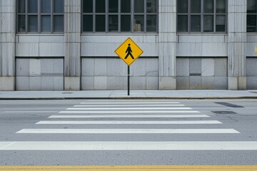 A minimalist grey city street with smooth asphalt and grey buildings is accented by a single, bright yellow pedestrian crossing sign, creating a striking visual contrast. 