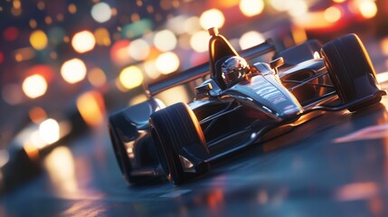 Aufkleber - A sleek race car speeds through a bustling city at night, illuminated by colorful lights and reflecting off wet pavement.