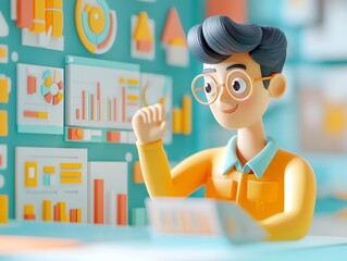 Leinwandbilder - 3D Cartoon Character Celebrating Success with Business Charts.