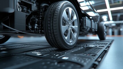 Aufkleber - An electric vehicle is positioned above a modern charging platform, highlighting its sleek tire against the high-tech charging equipment.