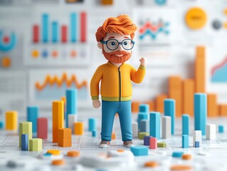 Poster - Happy 3D cartoon man in glasses celebrating success with charts.