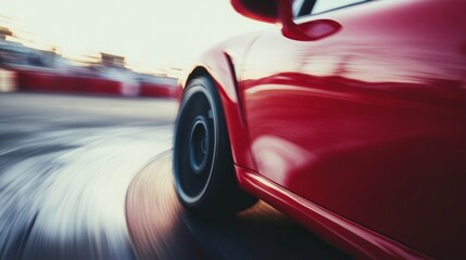 Poster - A red sports car skillfully drifts on a wet track, creating a splash of water while the sun sets in the background, showcasing speed and precision.