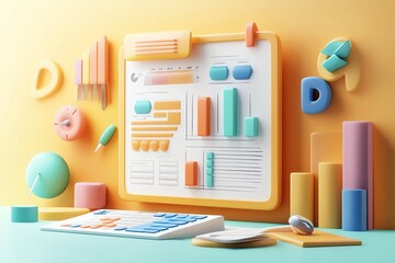 Poster - Colorful 3D  Business Charts And Graph On Clipboard.