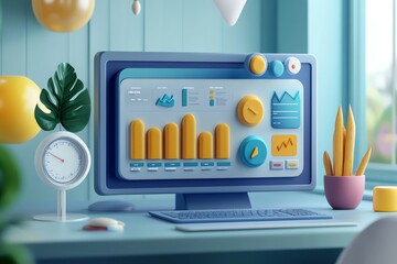 Aufkleber - 3D Render Of A Minimalist Computer Desktop With Colorful Geometric Shapes And Charts.