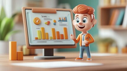 Leinwandbilder - Cheerful 3D character presenting business data.