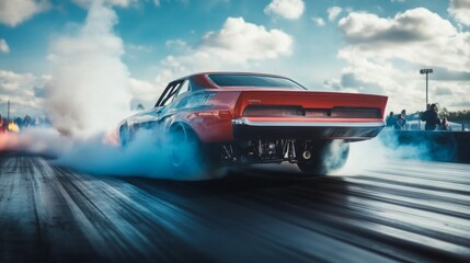 Poster - A classic muscle car speeds down the drag strip, with thick clouds of smoke billowing from its tires under a bright sky.
