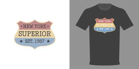 Wall Mural - Vector illustration. T-shirt with vintage logo SUPERIOR NEW YORK. Retro design of fashionable t-shirt in minimalistic style. Original Athletic Department. Typographic print college league