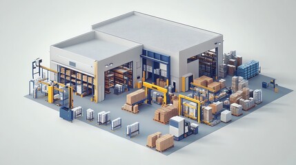 Poster - Isometric view of a warehouse with forklifts.