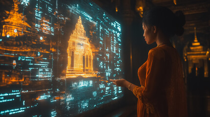 Poster - Vintage Thai scene juxtaposed with futuristic technology, combining ancient architecture and holographic displays.
