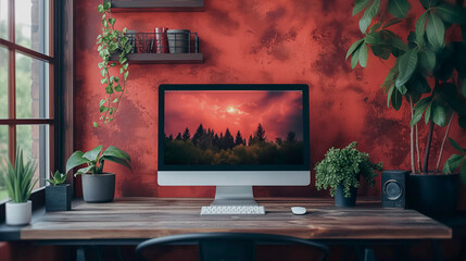 Poster - A computer monitor is on a desk in front of a red wall