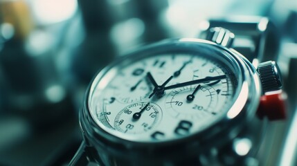 A detailed view of a vintage stopwatch featuring chronograph dials, resting on a workbench with blurred tools in the background.