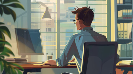 Wall Mural - A man is sitting at a desk with a computer monitor and keyboard in front of him