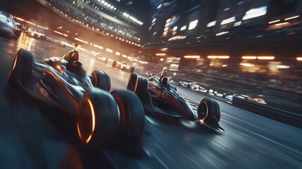 Poster - High-speed racing cars drift around a bend at night, lights illuminating the dynamic urban track and fierce competition.
