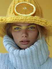 Wall Mural - A close-up portrait of a woman wearing a yellow knitted hat with a slice of orange, showcasing vibrant yellow makeup. Fresh and colorful fashion look with citrus inspiration.