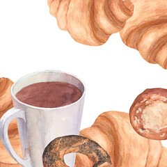 Watercolor frame with croissant, bagel and cup of tea