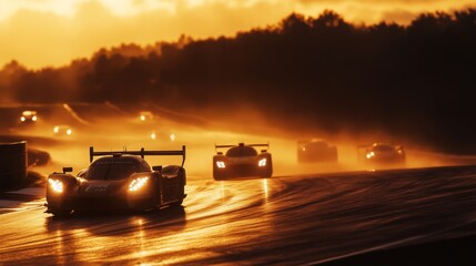 Poster - Sports cars race on a wet track during sunset, surrounded by mist and trees in the background, creating a dramatic atmosphere.