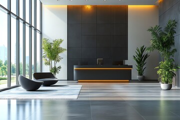 Aufkleber - Modern office lobby interior with reception desk and plants.