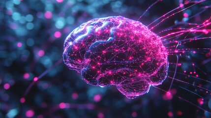 Poster - Abstract Human Brain with Pink and Blue Neon Lights.