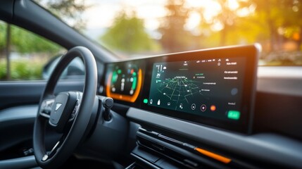 Aufkleber - A sleek car interior showcases a high-tech dashboard with a vibrant navigation system as the sun sets in the background, creating a warm and inviting atmosphere.