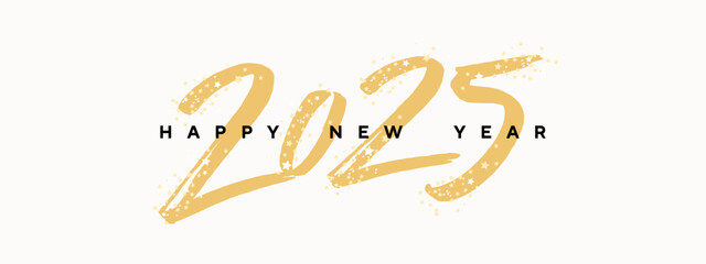 Aufkleber - Happy New Year 2025 horizontal banner or header for website, greeting card or poster. 2025 logo text design with handwritten gold numbers 2025 and sparkling star confetti isolated on white background