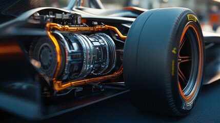 Poster - A close-up of a racing car showcasing its intricate engine components and suspension system, highlighting its engineering design.
