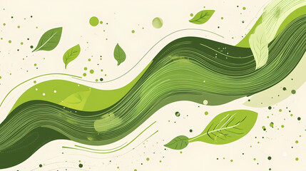 Wall Mural - Green, vector flat style background with leaves and waves, eco-friendly theme,