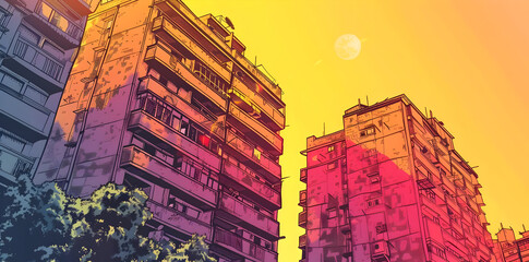 Wall Mural - Cityscape Illustration with Sunset and Moon