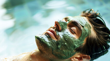 A middle-aged man is relaxing in water at a spa with a natural green face mask.