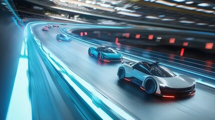 Aufkleber - A group of sleek, futuristic sports cars speeds along a neon-lit racetrack, showcasing dynamic movement and advanced design during dusk.