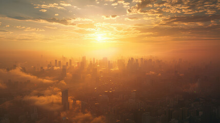 Wall Mural - The sun is setting over a city with a hazy, smoggy atmosphere