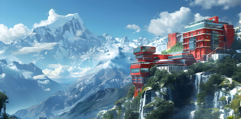 Poster - Futuristic Red Building on Mountainside with Waterfall - Digital Illustration