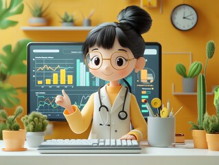 Aufkleber - Cartoon doctor presenting data on computer screen.