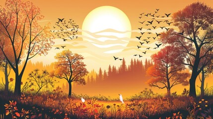 Poster - autumn forest with orange trees