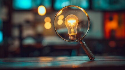 Magnifying glass focuses on a target and creativity. A creative light bulb: objective generation of ideas and innovative solutions to achieve strategic goals