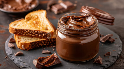 Wall Mural - Jar of chocolate spread with a portion spread on a slice of bread on a plate