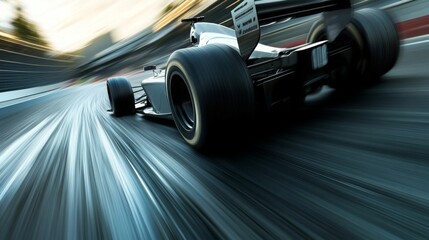 Aufkleber - A race car speeds around a track, leaving blurred tire marks as it navigates a sharp turn at sunset.