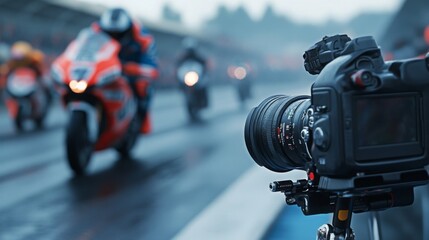 Poster - A camera is set up on the track as motorcyclists speed by, showcasing intense racing action at dawn.