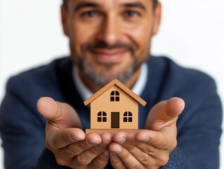 Man smiling while holding a miniature house between his hands in an indoor setting