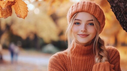 Wall Mural - Smiling young woman in orange sweater and beanie, outdoors fall