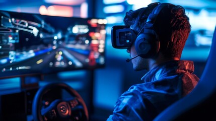Aufkleber - A gamer fully immersed in a virtual reality racing game, wearing a headset and headphones, focused on the screen while gripping a steering wheel in a vibrant, illuminated setting.