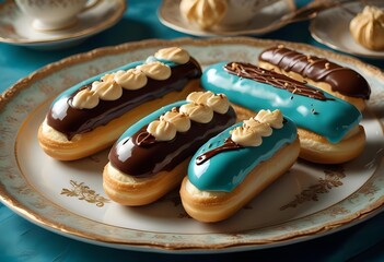 Long pastries covered with icing, carefully served on an elegant plate. A dessert with a refined appearance and taste