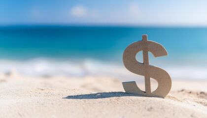 Dollar symbol on sandy beach. Financial prosperity and wealth. Business and money, economic success.