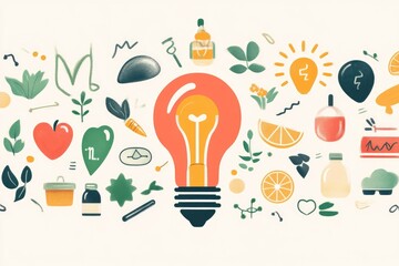 Inspiring a Healthy Lifestyle: Icons of Wellness and a Bright Lightbulb Concept