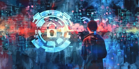 Poster - artistic watercolor illustration of cyber protection.