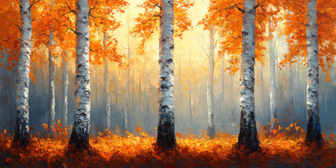 Wall Mural - Autumn forest painting. Birch trees, white tree trunks, fall colors.