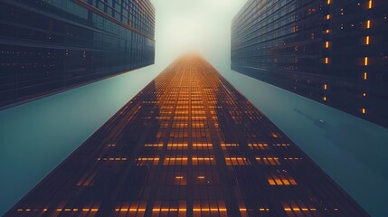 Wall Mural - A dramatic view of a skyscraper disappearing into fog, illuminated by warm lights, creating a mystical urban atmosphere.