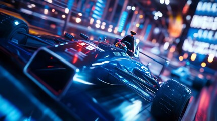 Poster - A sleek racing car glides through a vibrant urban environment, illuminated by colorful neon lights during nighttime.