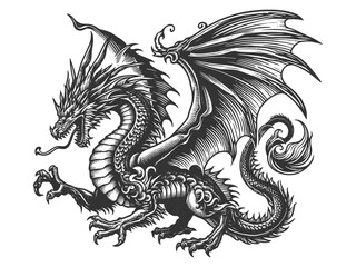 Wall Mural - fierce dragon tattoo with detailed scales and wings, intricate line art sketch engraving generative ai fictional character vector illustration. Scratch board imitation. Black and white image.