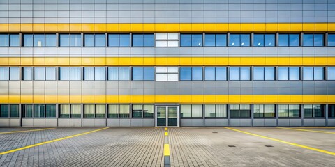 Canvas Print - Large empty building with many windows and a yellow stripe on wall, abandoned, architecture, windows, urban